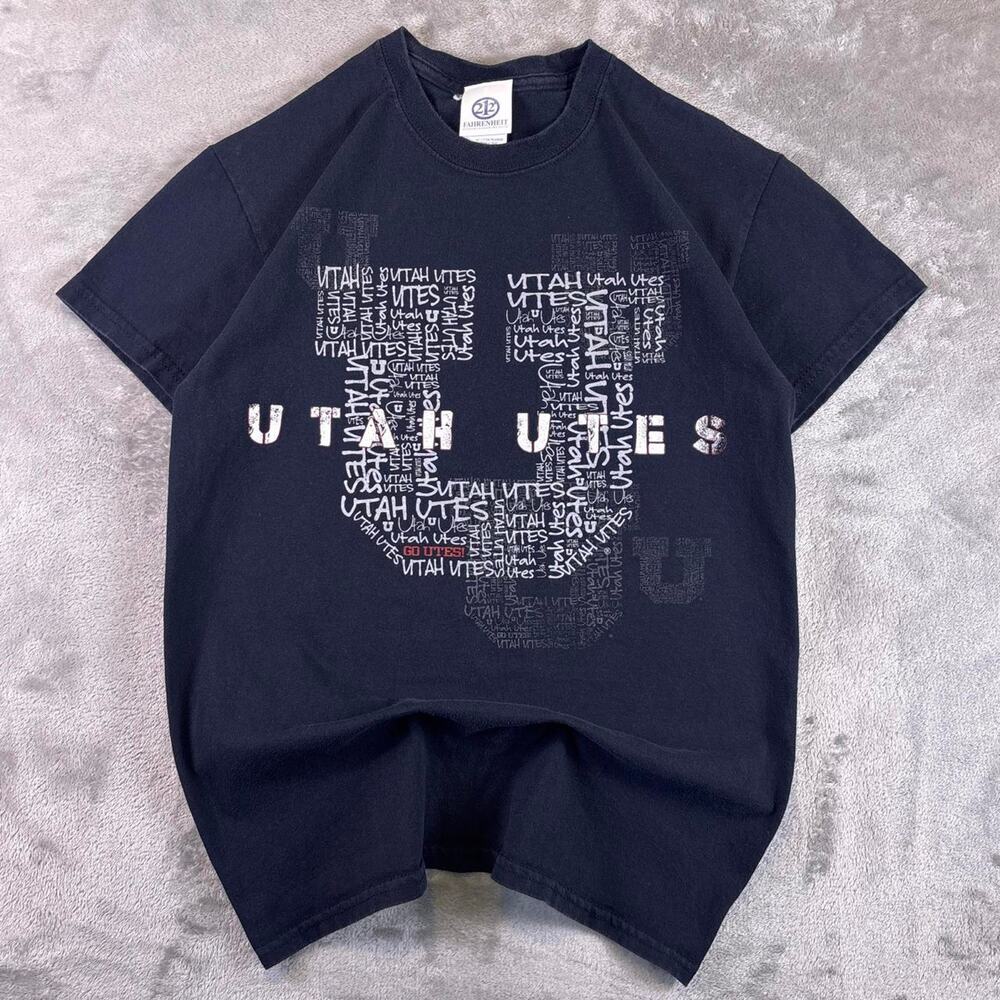 VTG Y2K Utah Utes Graphic Fahrenheit T-Shirt Navy Made in Haiti Size Small